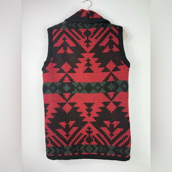 Woolrich vintage 80s RED BLACK AZTEC SHAWL NECK WOOL BUTTON UP VEST size S - Picture 3 of 8